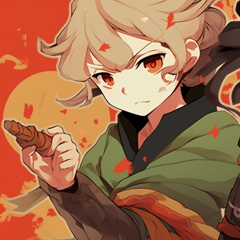 Zenitsu with his blade and Nezuko's Demon form, their poses mirroring each other with offset colors. zenitsu and nezuko matching costumes pfp for discord.