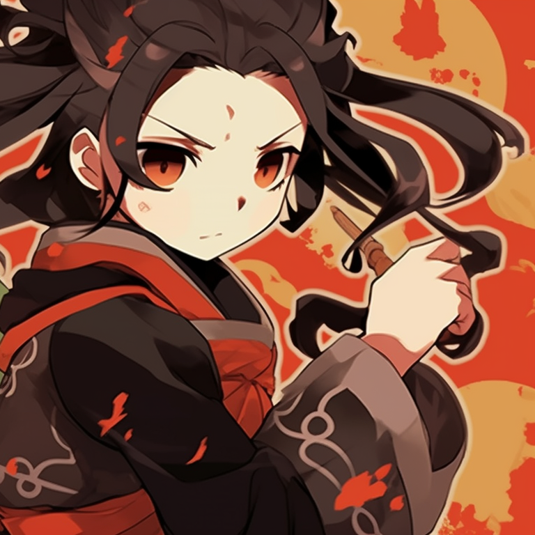 Zenitsu with his blade and Nezuko's Demon form, their poses mirroring each other with offset colors. zenitsu and nezuko matching costumes pfp for discord.