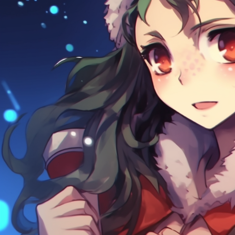 Two characters, under Christmas starlight, locked in a gaze. matching christmas demon slayer pfp characters pfp for discord.