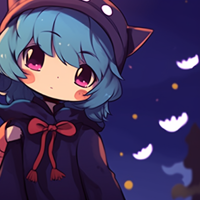 Characters in cute Halloween outfits, pastel palette with playful candy motifs and joyous expressions. cute halloween matching meme pfp for best friends pfp for discord.