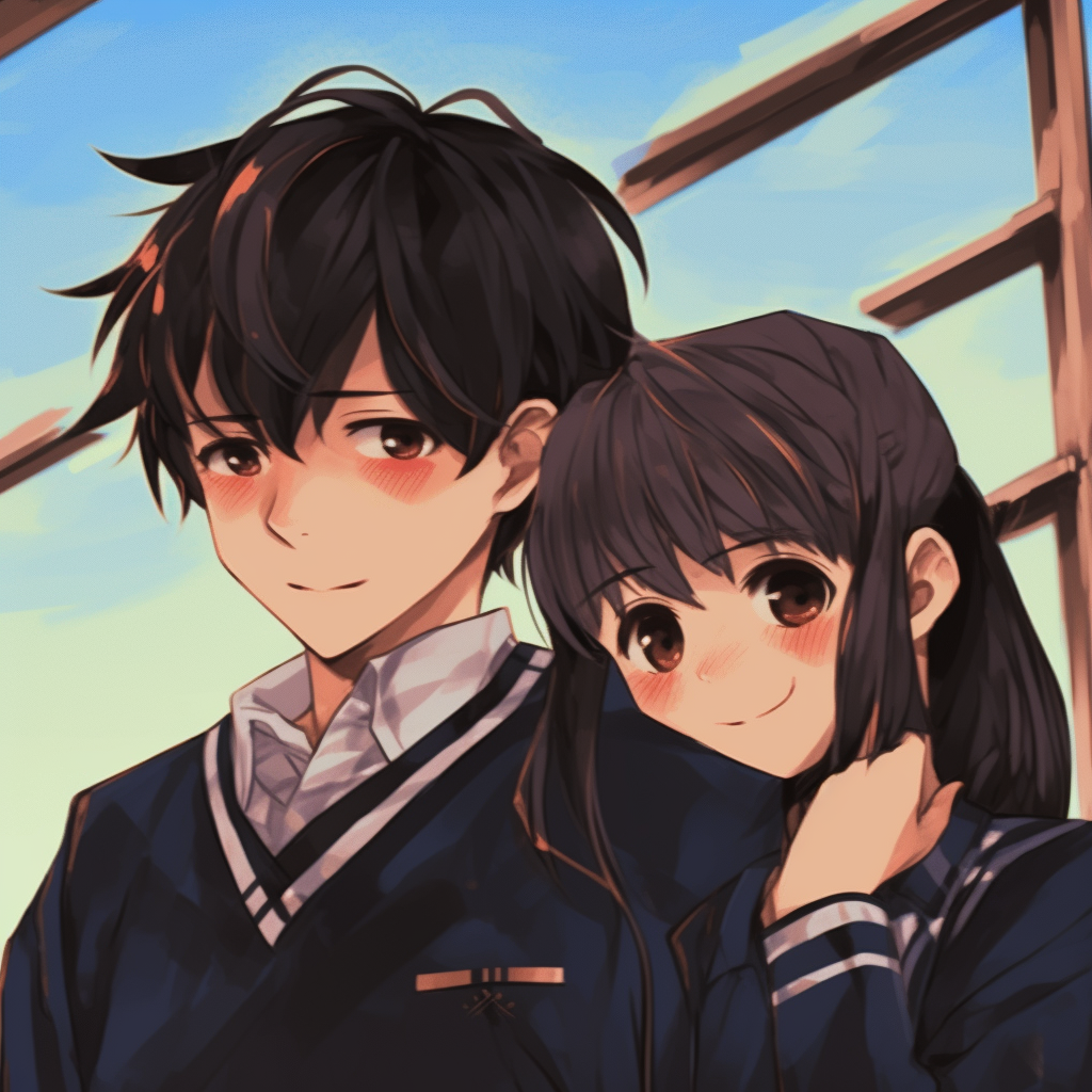 Chibi styled anime couple and a heightened cuteness factor with exaggerated proportions and bright, playful color blends. assortment of anime matching pfp couple