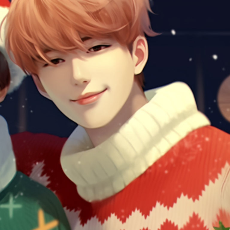 Two characters in festive sweaters, soft Christmas colors and smooth lines. matching bts christmas pfp art for fans pfp for discord.