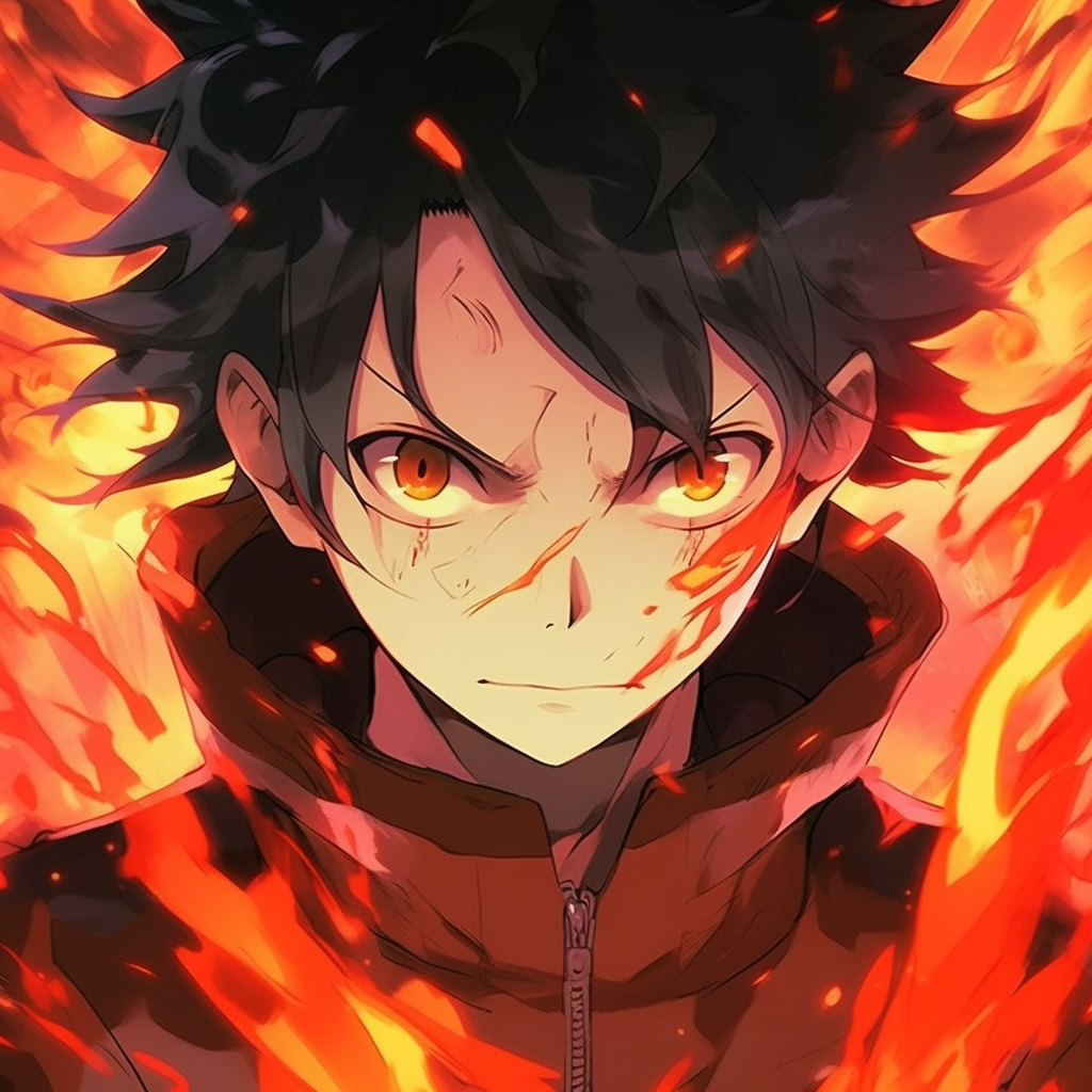 Anime character dramatically acting amidst fiery glow, intense lightning and vivid colors. top fire anime pfp
