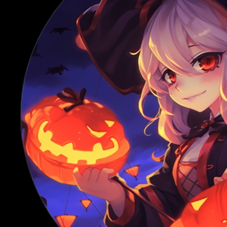 Two Genshin Impact characters in Halloween costumes, dark yet vibrant palette. halloween pfp with genshin elements pfp for discord.