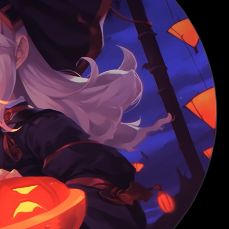 Two Genshin Impact characters in Halloween costumes, dark yet vibrant palette. halloween pfp with genshin elements pfp for discord.