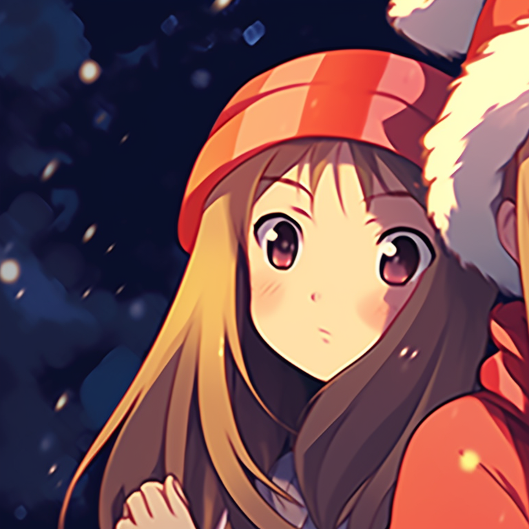Two characters walking hand in hand in a winter scenery, soft pastel colors and mild shading. dazzling matching gif christmas pfp pfp for discord.