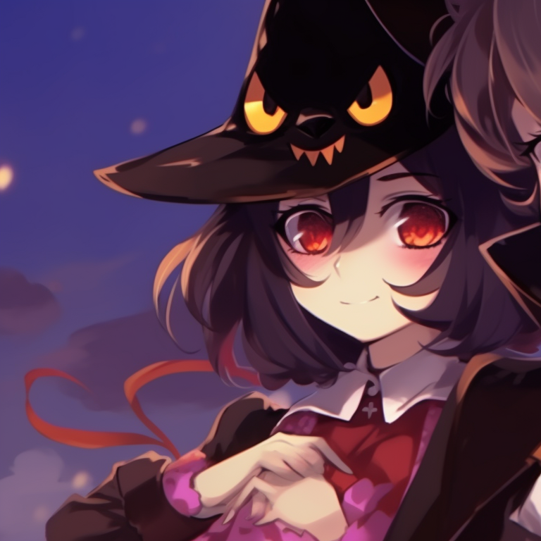 Two characters under a spell, starry eyes and enchanted expressions, surrounded by sparkling magic cute matching pfp for couples halloween styled pfp for discord.