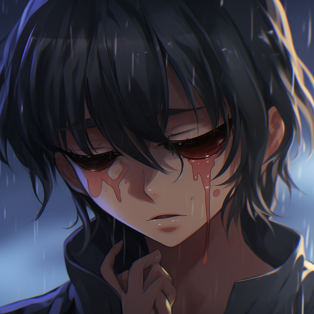 An image of a shattered anime character, the despair evident in the fragmented art style and melancholic color palette. animated depressed anime pfp icons