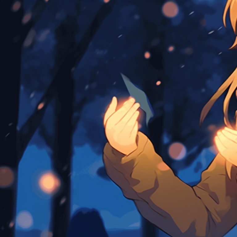 Two characters in winter coats, cool colors and glowing lights, playfully throwing snowballs. cozy matching gif christmas pfp pfp for discord.