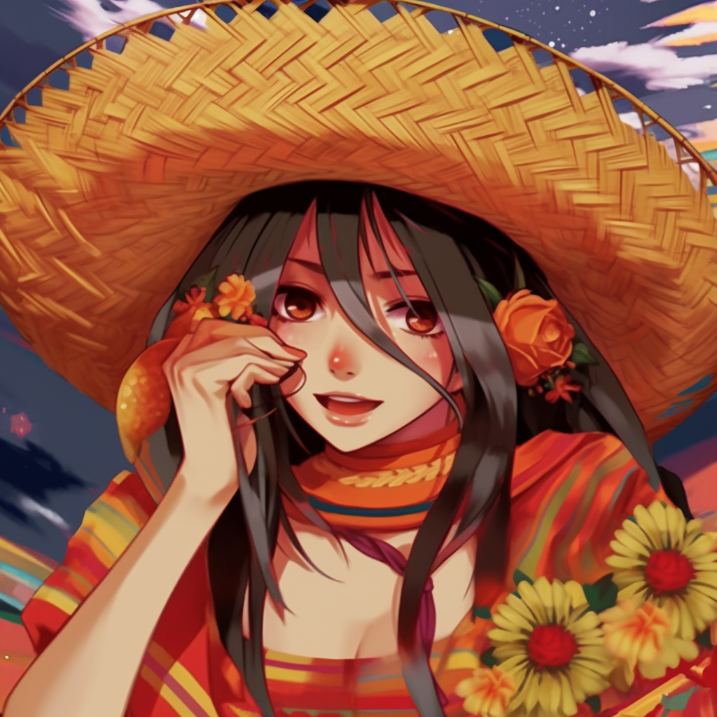 Mexican anime girl drawn with vibrant warm colors and intricate details. beautiful mexican pfp girls pfp for discord.