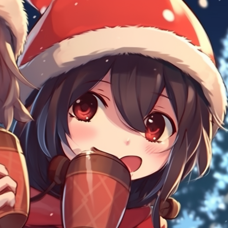 Two characters, serene expressions, against a starry night backdrop, surrounded by glowing holiday lights. trendy matching christmas pfp background designs pfp for discord.