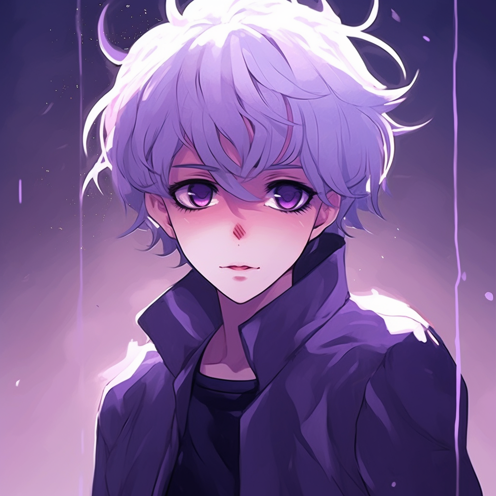 A cute anime girl with purple hair, big eyes, soft shading and intricate hairstyle. adorable purple anime pfps