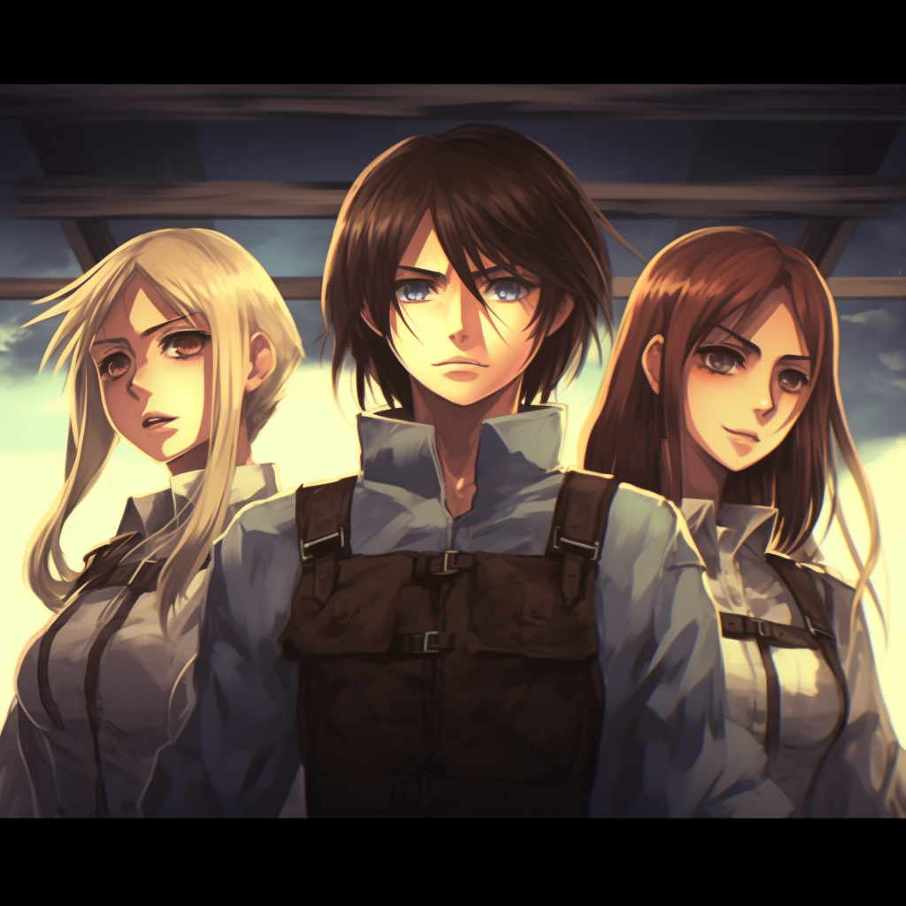 Profile view of the Attack on Titan Trio, poised for battle and dynamic composition. anime trio matching pfp pfp for discord.