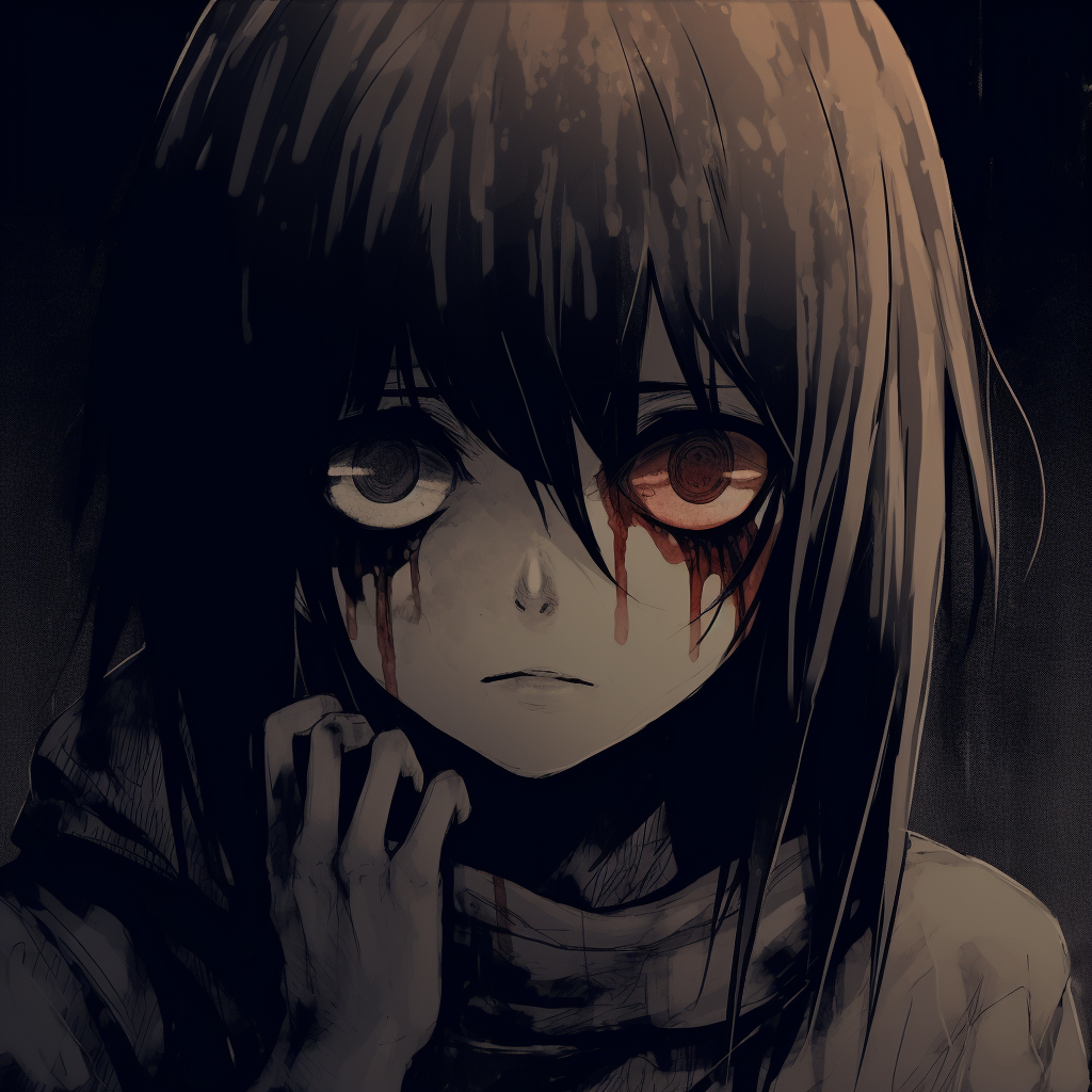 A sorrowful anime character, meticulously drawn with intense emotions and muted colors. creepy scary anime pfp pfp for discord.