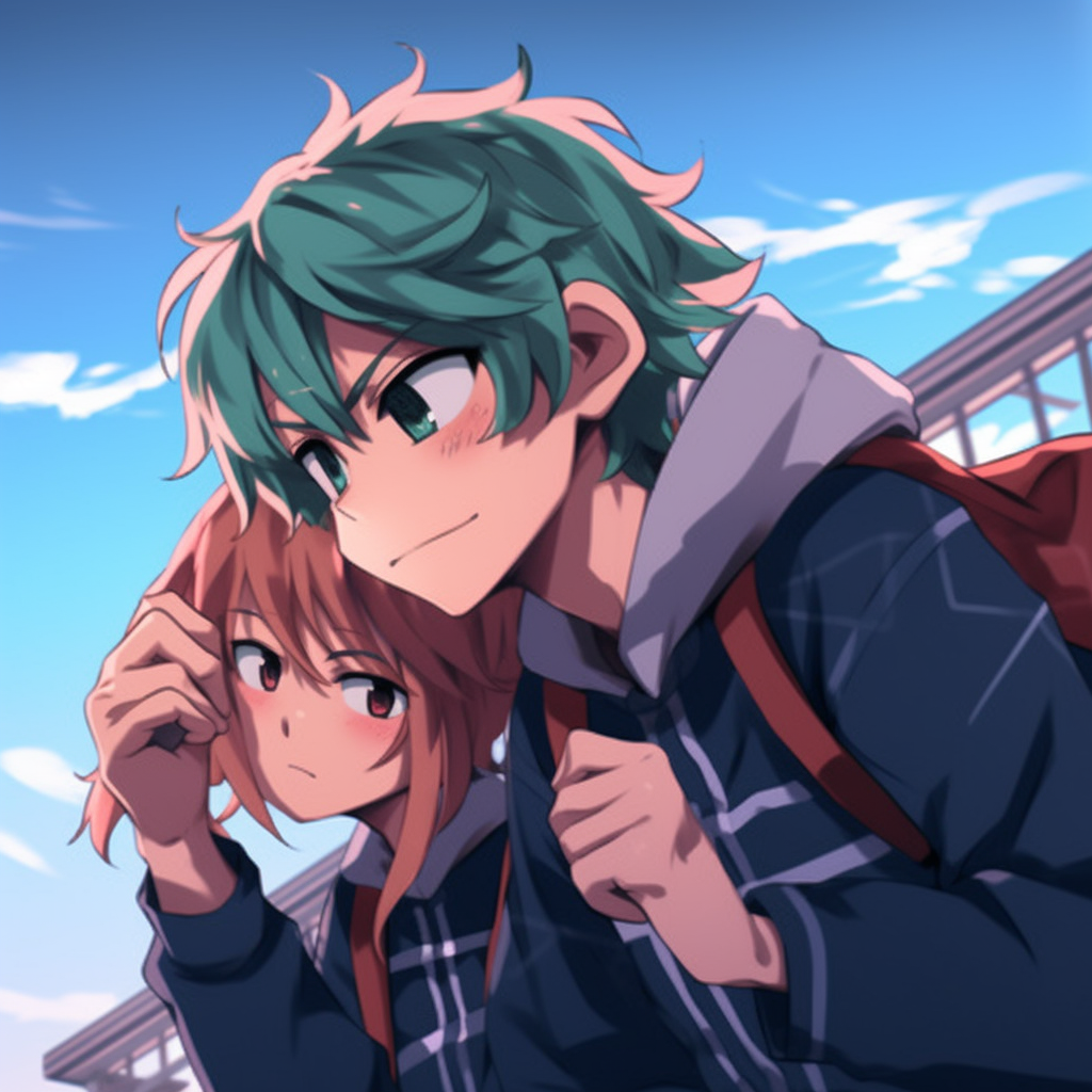 Midoriya and Bakugou of My Hero Academia, vivid colors and dynamic poses. anime best-friend matching pfp