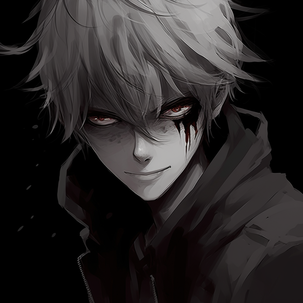 Grim Fade from Bleach, focusing on his intense eyes, grey scale with red accents. edgy anime pfp male characters