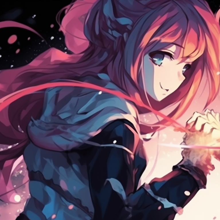 Figures immersed within a mystic aura, intense eyes and flowing garments in rich hues. impressive matching discord pfp pfp for discord.