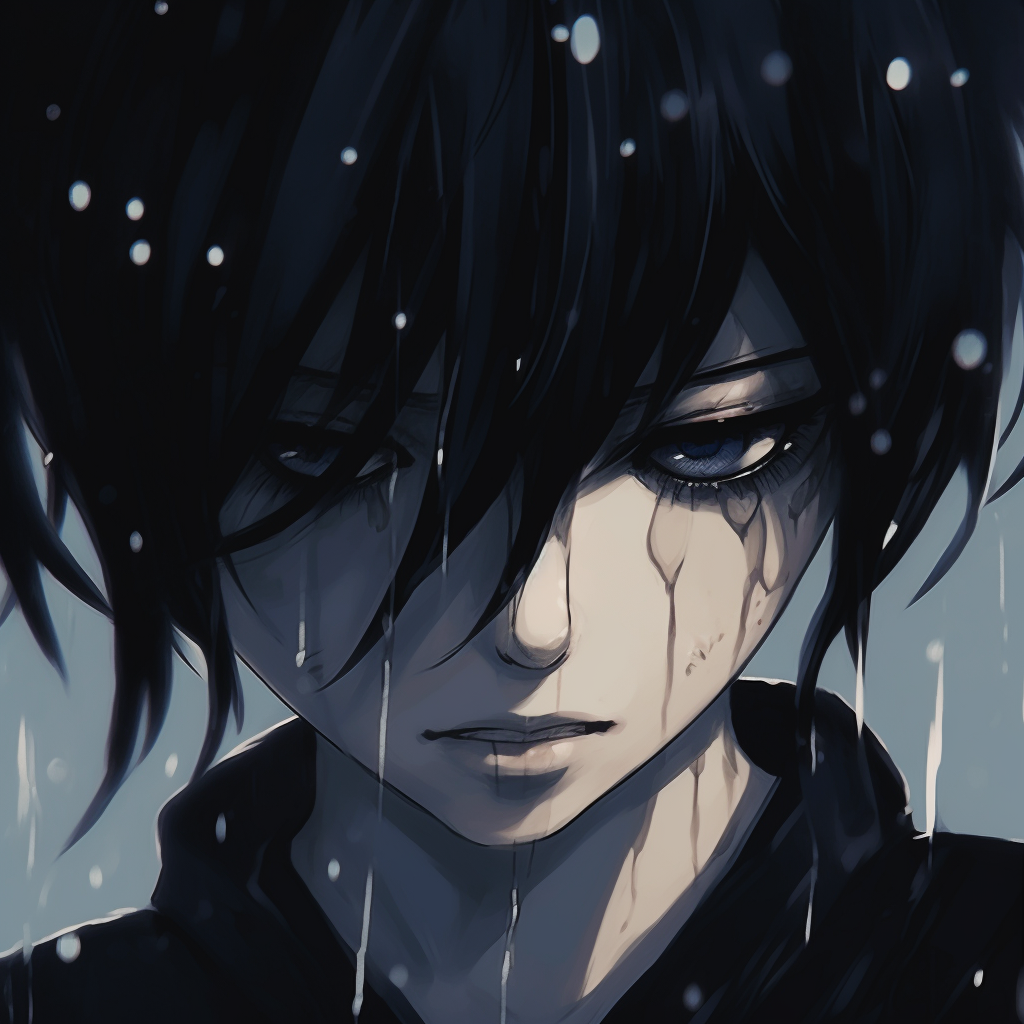 Profile picture of a heartbroken anime character, emphasis on facial expression and minimalistic color scheme. sad pfp anime aesthetics
