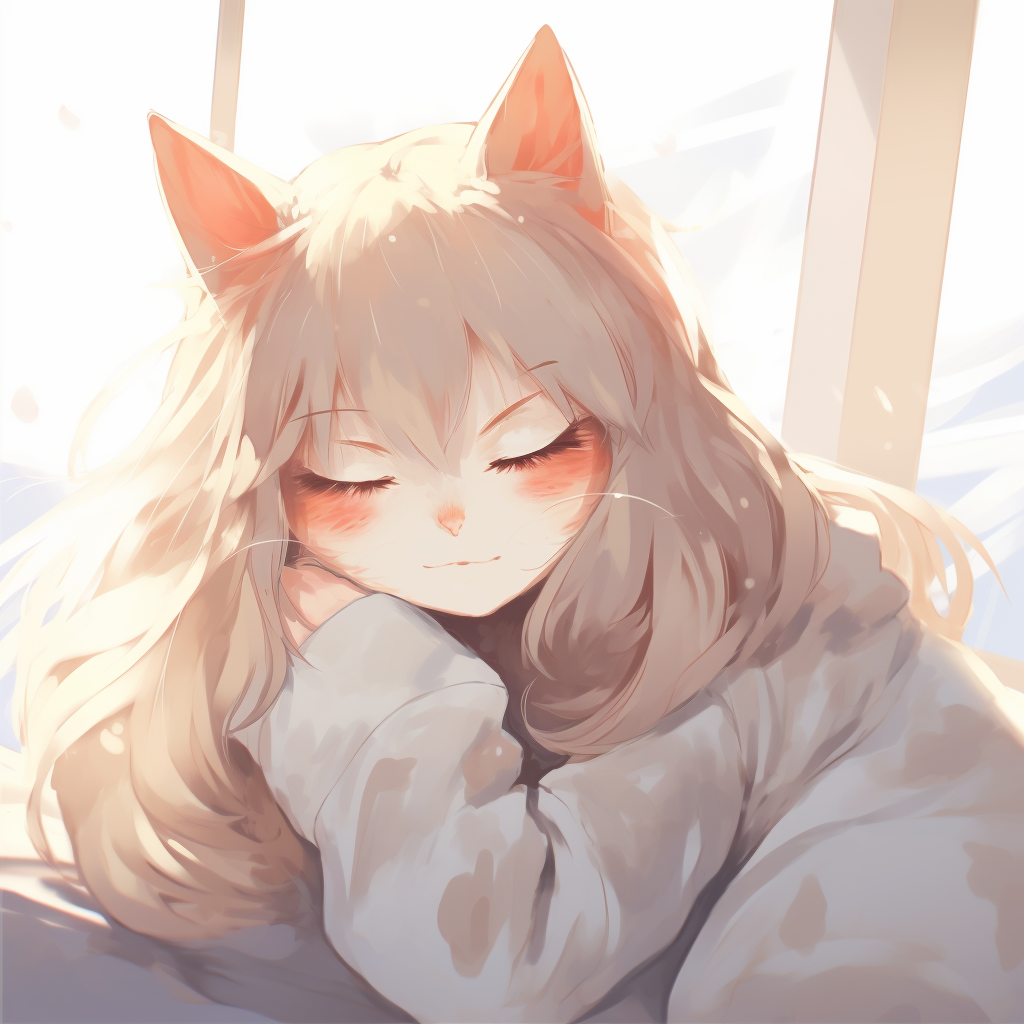 Sleeping cat portrayed with soft lines, warm colors and tranquil atmosphere. relaxing cute pfp anime