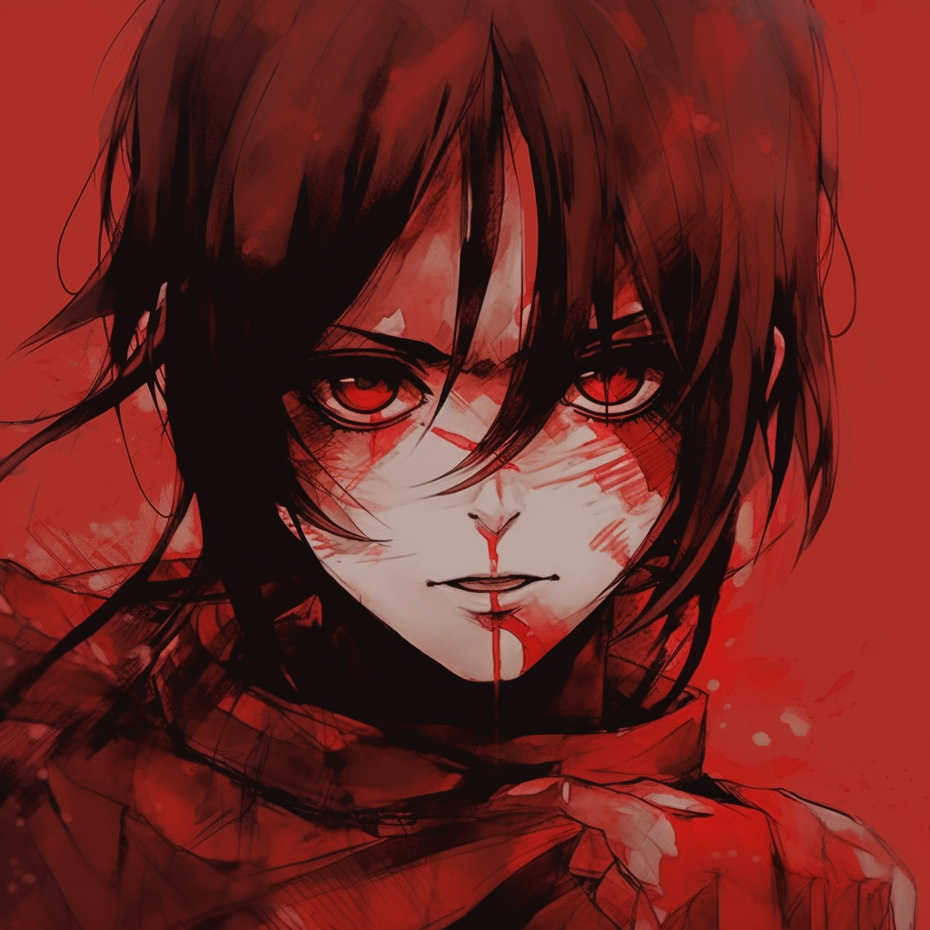 Eren Yeager displaying an intense expression, pronounced lines and deep reds. excellent red anime pfp selection