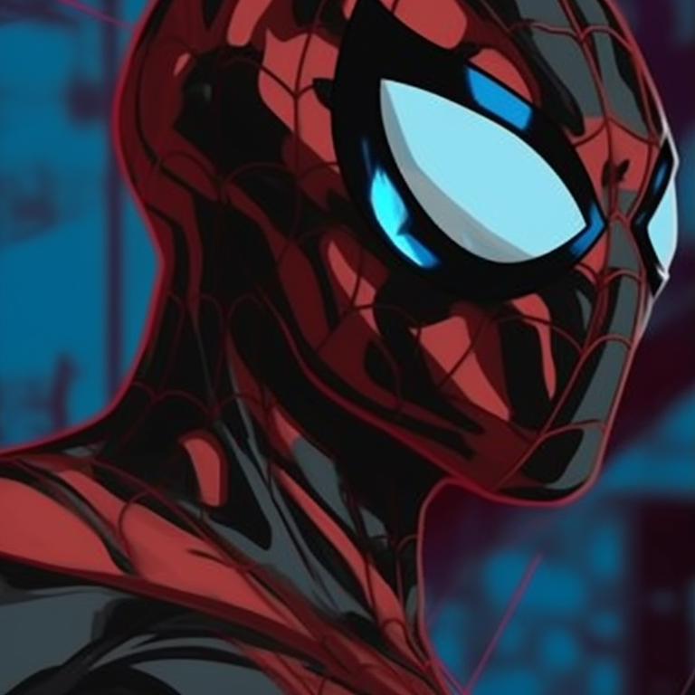 Different iterations of Spider-Man costumes, downplayed color palette emphasizing the details in their design. creative ideas for spider man matching pfp pfp for discord.