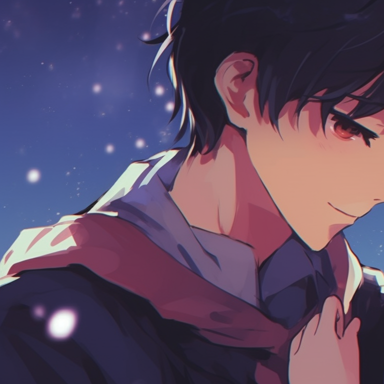 Two anime characters, soft moonlit tones, close to each other under a starry sky. anime aesthetic matching pfp couple pfp for discord.