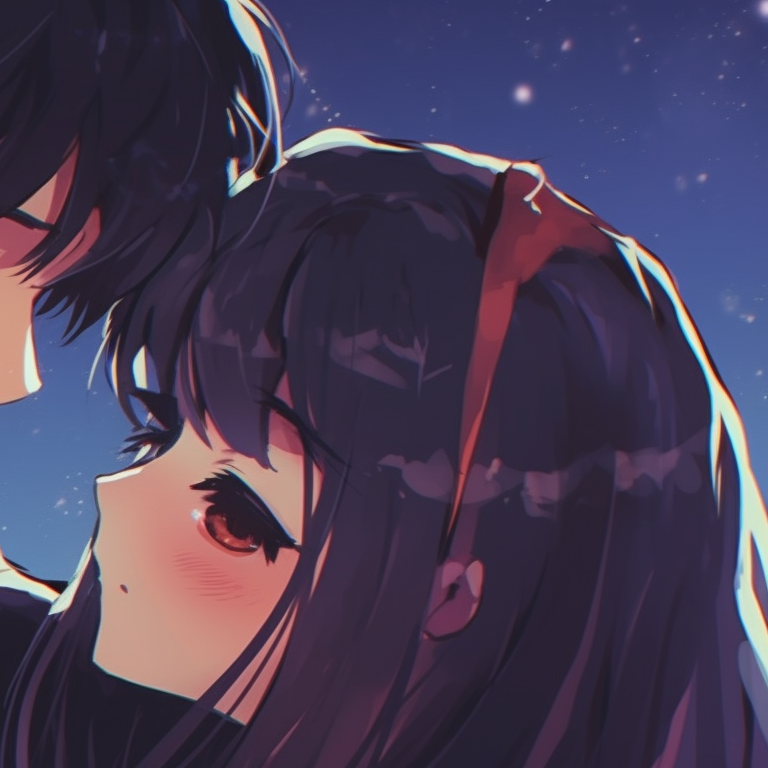 Two anime characters, soft moonlit tones, close to each other under a starry sky. anime aesthetic matching pfp couple pfp for discord.
