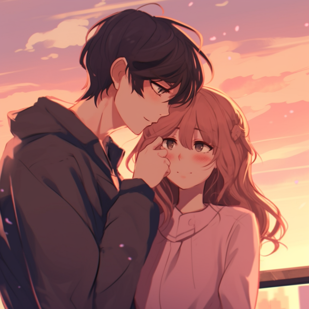 A couple embarks on a romantic moment against a sunset backdrop, radiating warmth and soft colors. romantic couple anime matching pfp pfp for discord.