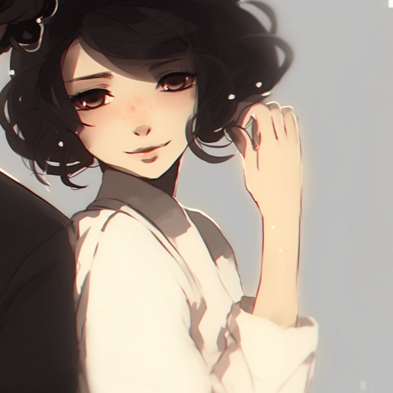 Two characters in elegant attire, soft hues and gentle expressions, intertwined hands. instagram cute matching pfp for partners pfp for discord.