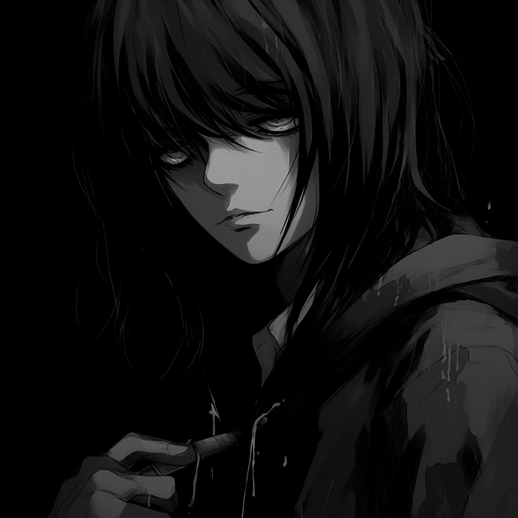 Close-up of L's intense gaze piercing through the darkness, high contrast and minimal color palette. dark anime pfp maleHD, free download