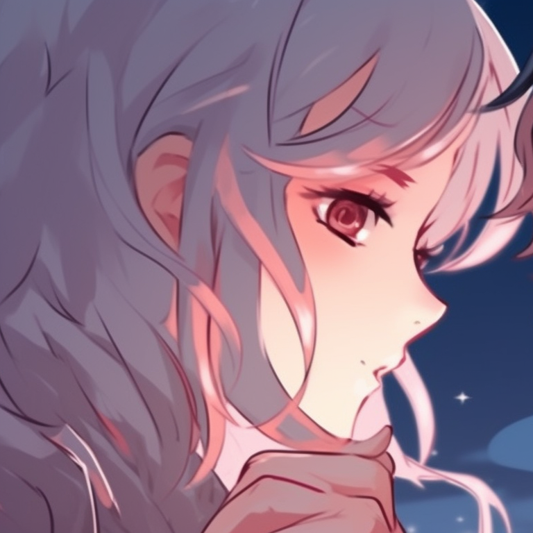 Close-up of two characters, their gazes meeting under a starlit sky, shimmering hues and delicate lines. aesthetic inspired matching pfp pfp for discord.