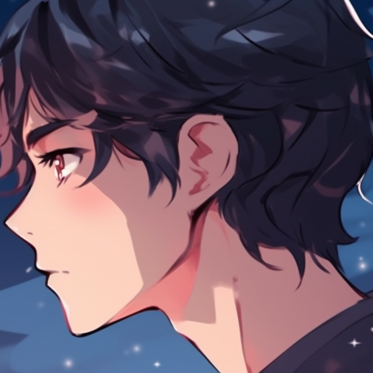 Close-up of two characters, their gazes meeting under a starlit sky, shimmering hues and delicate lines. aesthetic inspired matching pfp pfp for discord.