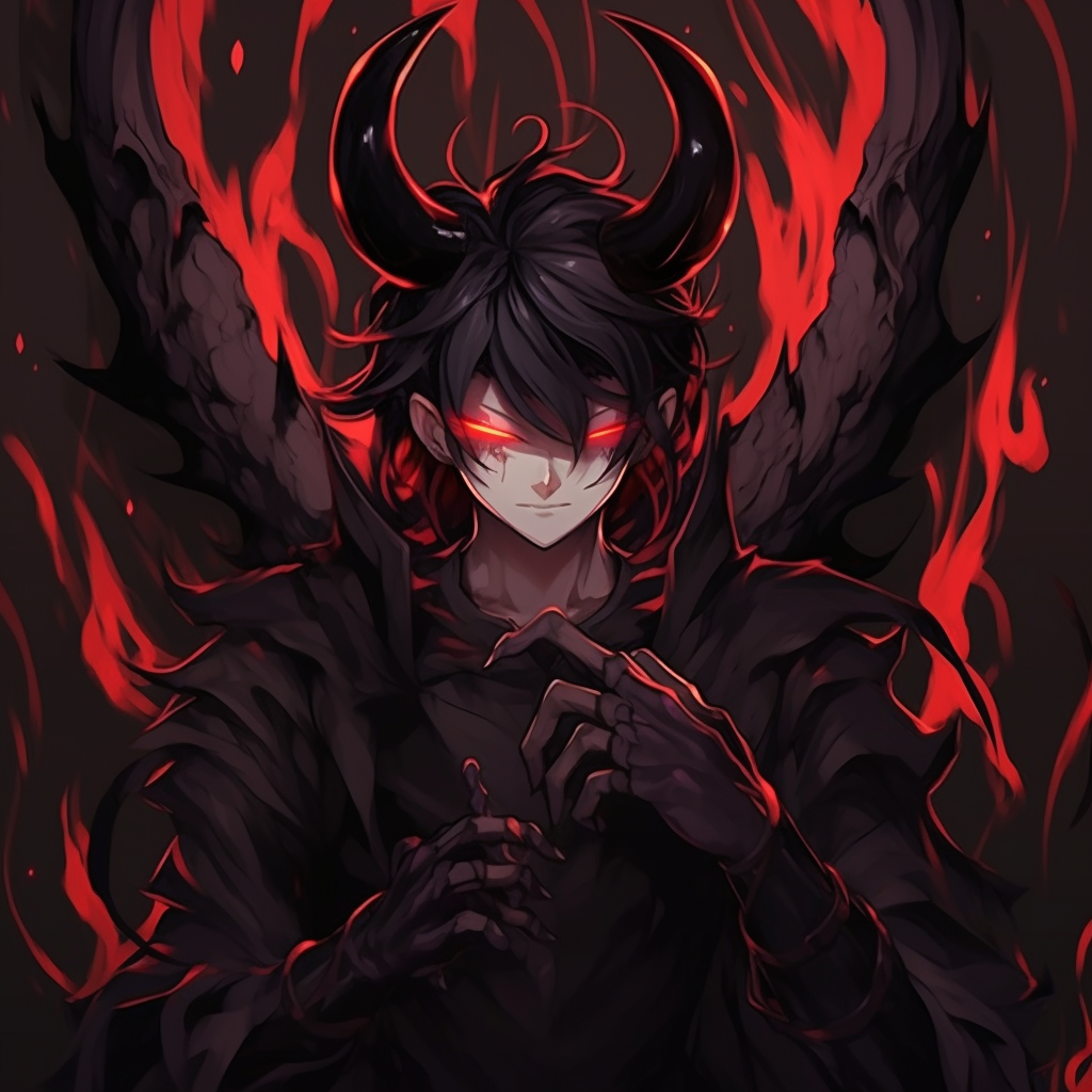 Focused on the fiery eyes of a Demon Lord, loaded with high contrast and rich color. top ranked demon anime pfp pfp for discord.