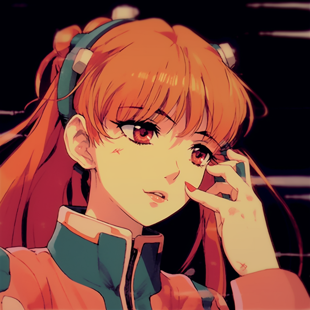 Full-bodied image of Asuka Langley Soryu, striking contrast and intricate suit details 90s anime characters pfp