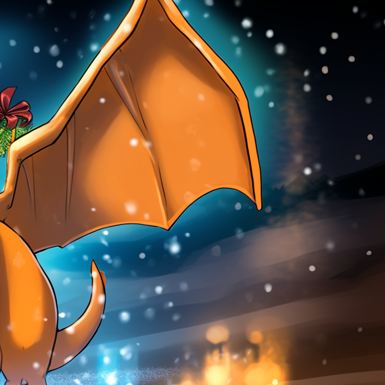 Two Charizards, Christmas lights in the background, one holding a gift, merry atmosphere. charizard themed christmas apparel pfp for discord.