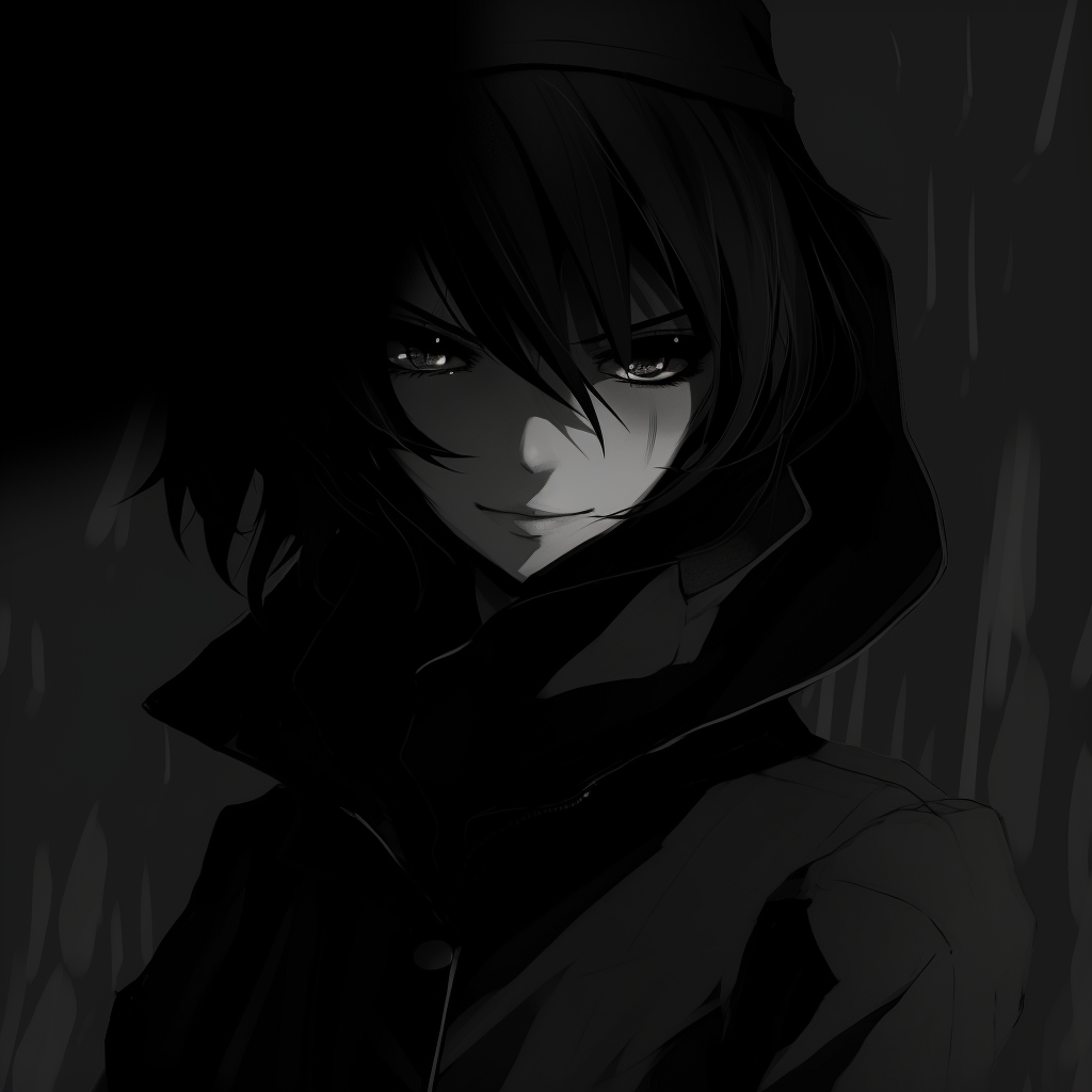 Mysterious anime character captured in a noir style, with dark shadows enhancing the character's secretive demeanor. black pfp anime characters pfp for discord.