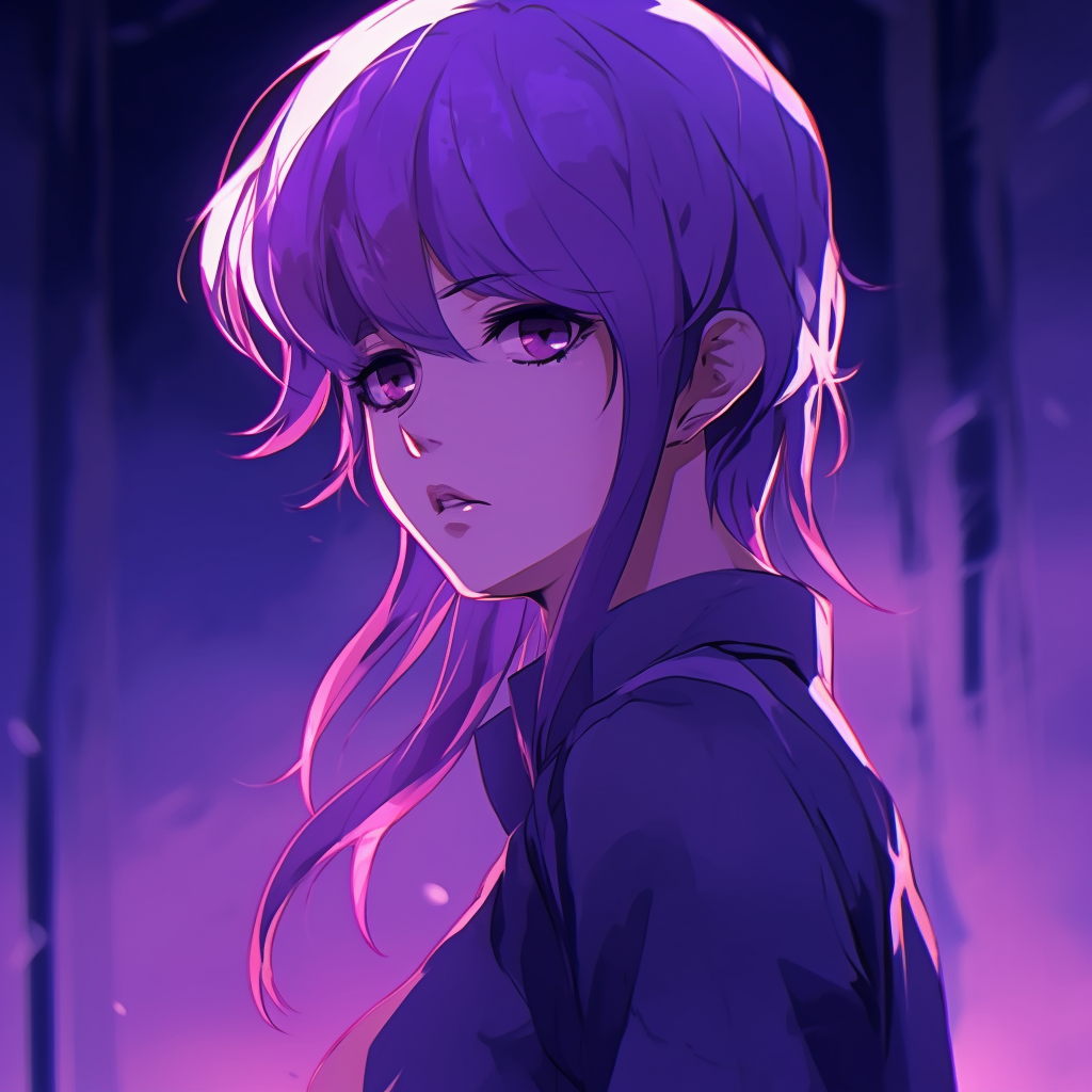 Mysterious purple-haired anime girl staring into the distance, strong outlines and vibrant colors. high-rated purple anime pfps