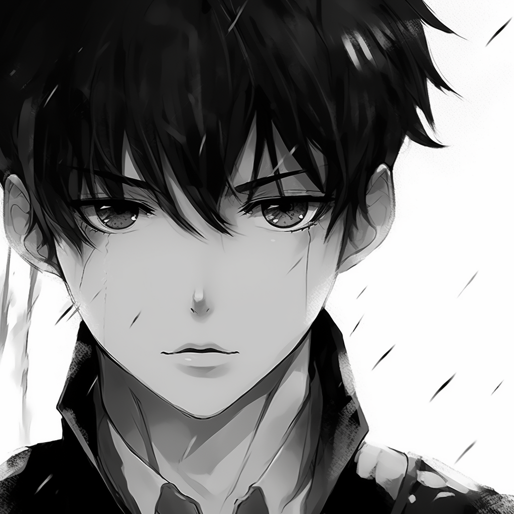 Face of an anime character with a steady gaze, demarcated by significant high contrast lines and shading. aesthetic anime profile picture black and white