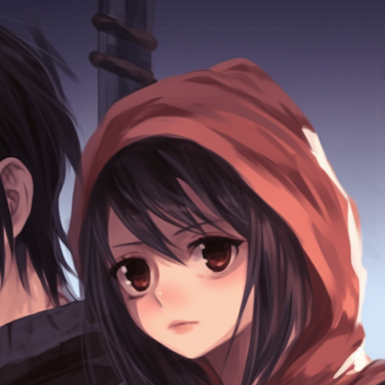 Eren and Mikasa hidden in the shadows, wearing hauntingly themed costumes, use of high contrast and detailed shadows. halloween themed eren and mikasa matching pfp pfp for discord.