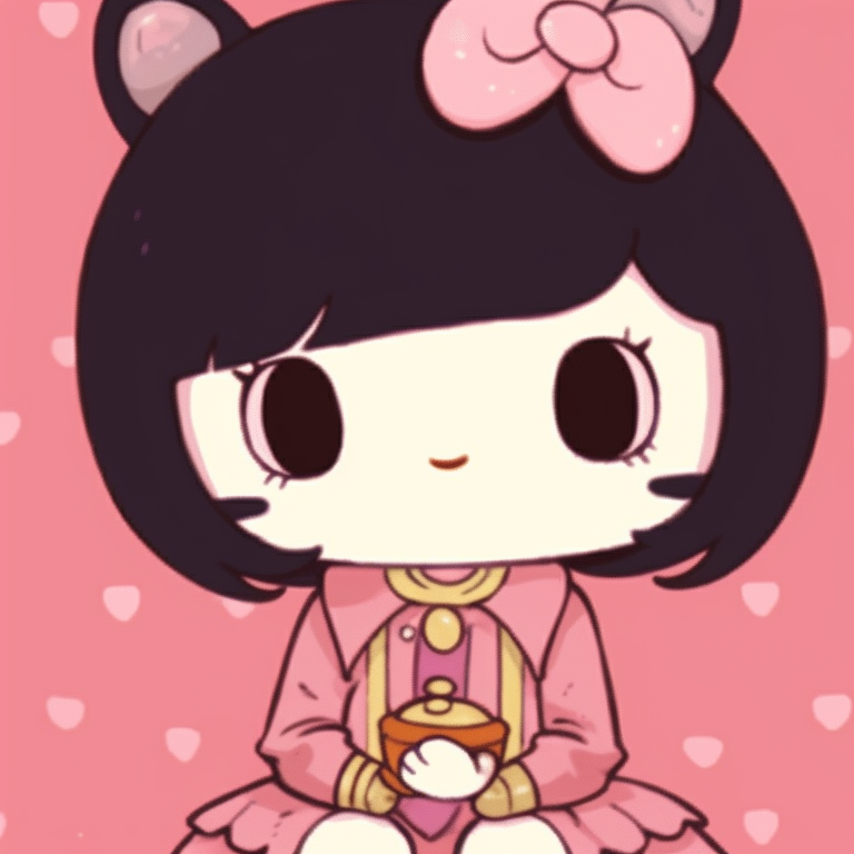 Two characters in wonderland themed outfits, vibrant colors and whimsical Hello Kitty inspired elements. hello kitty aesthetic matching pfp pfp for discord.