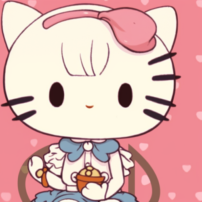 Two characters in wonderland themed outfits, vibrant colors and whimsical Hello Kitty inspired elements. hello kitty aesthetic matching pfp pfp for discord.
