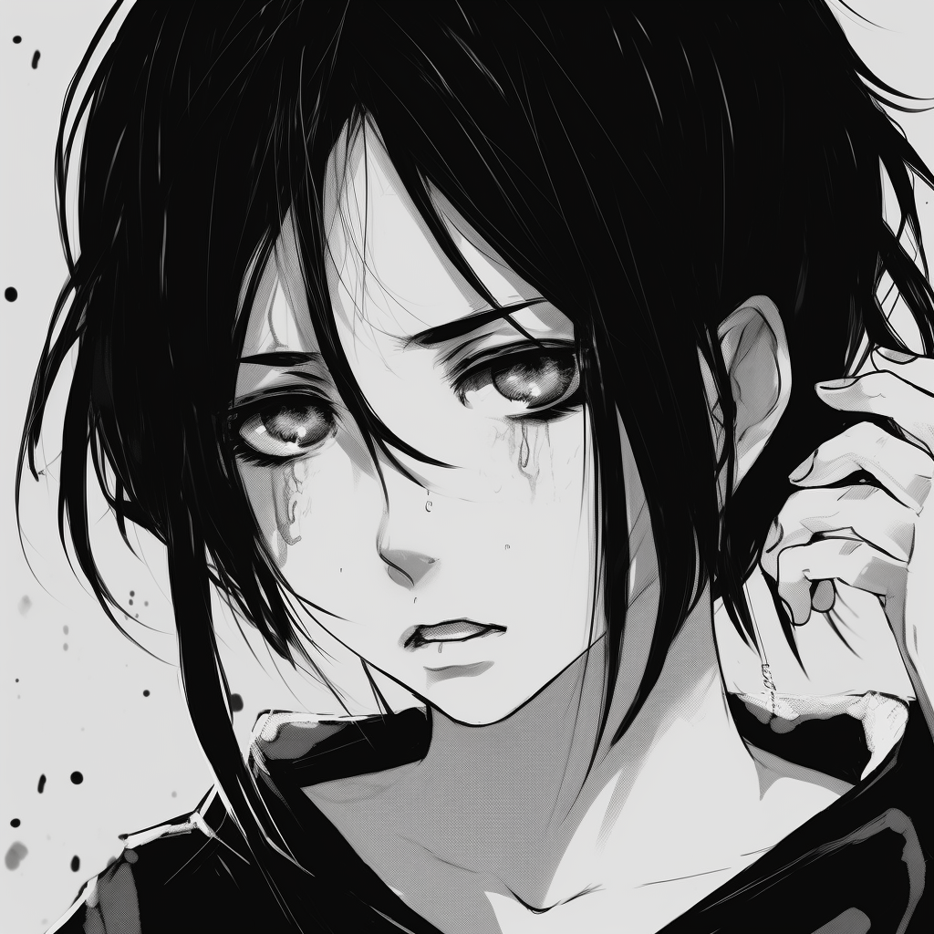 Ichigo Kurosaki from Bleach, clad in his Soul Reaper attire, rendered in deep, contrasting shades. diverse black and white anime pfp