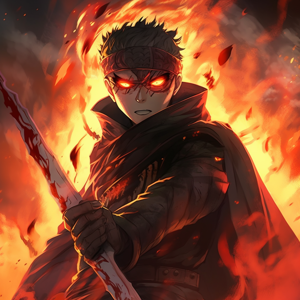 A character amidst burnt fragments and embers, depicted in muted reds and oranges with contrasting shadows. general fire pfp