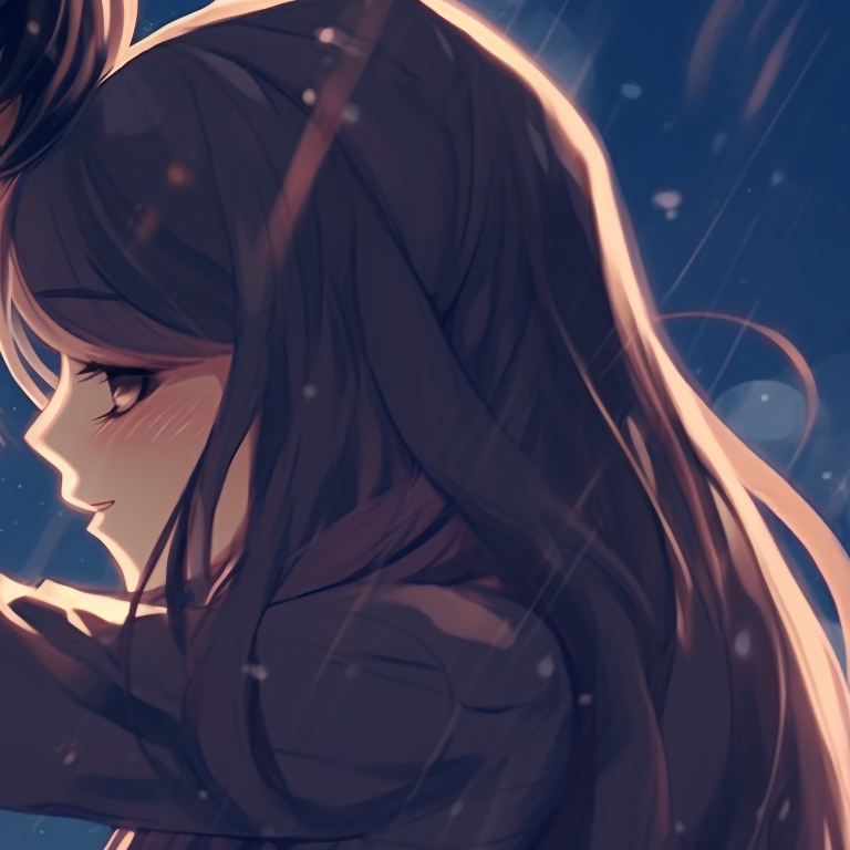 Two characters under an umbrella, intricate raindrops and cool hues, sharing a tender moment. nifty couple matching pfp pfp for discord.