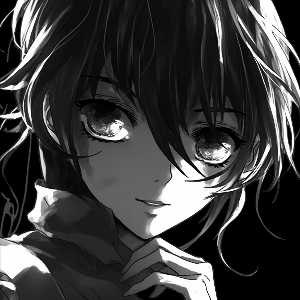 Soft looking character with a peaceful expression, detailed with different shades of gray. creative black and white anime pfps