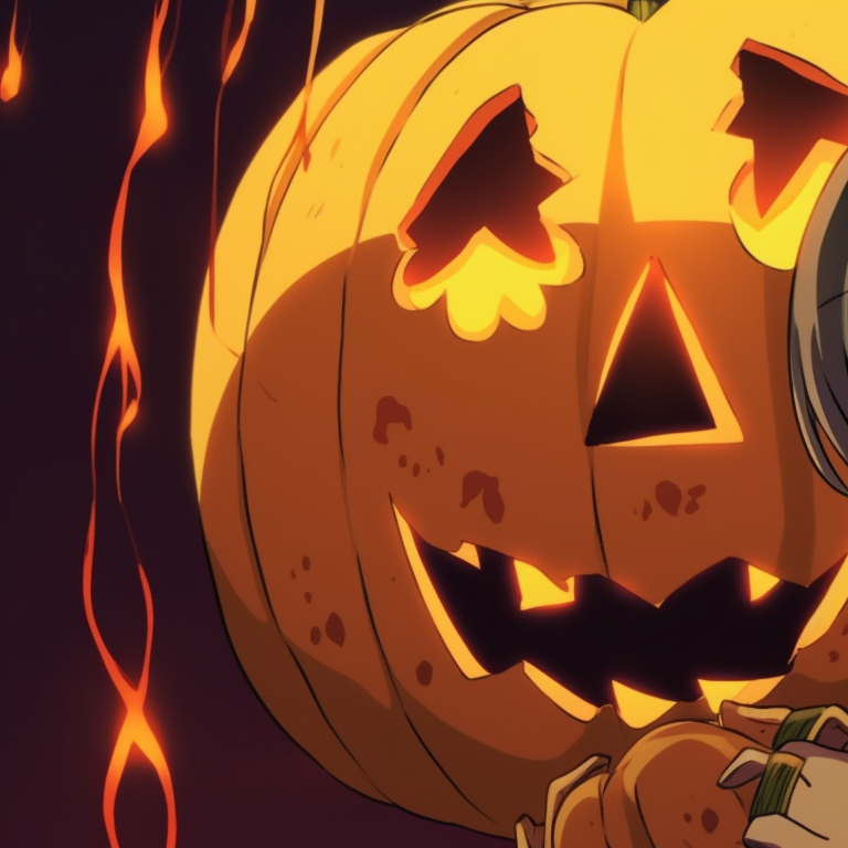 Two characters in Halloween-themed costumes, bold colors and playful expressions, sharing a giant pumpkin. animated halloween-themed anime pfp gifs pfp for discord.