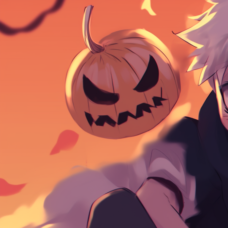 Killua and Gon with jaunty jack-o'-lanterns, a festival of Halloween colors and textures. killua and gon matching pfp halloween theme inspiration pfp for discord.