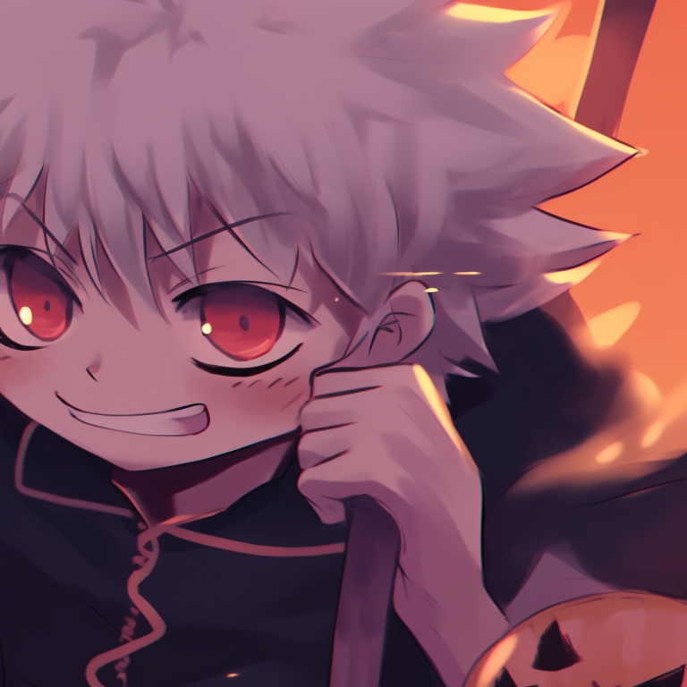 Killua and Gon with jaunty jack-o'-lanterns, a festival of Halloween colors and textures. killua and gon matching pfp halloween theme inspiration pfp for discord.