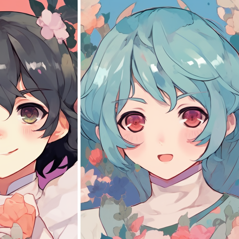 Four characters in a twilight setting, earthy tones and an atmosphere of tranquility encapsulating them. creative matching pfp for 4 friends pfp for discord.