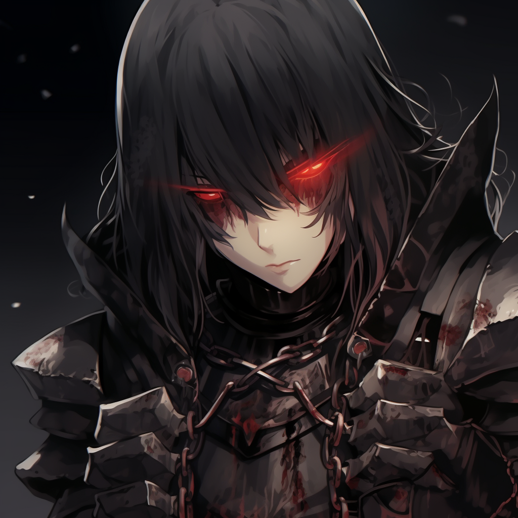 A close-up view of an armor clad Gothic warrior, intricate patterns in the armor pieces, and a piercing gaze dominate the image. inspiring gothic anime pfp ideas